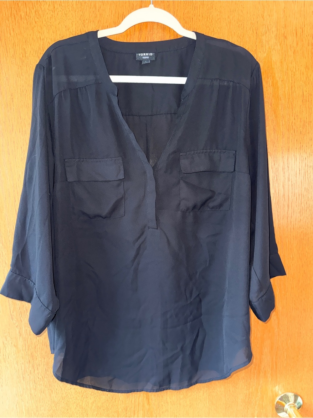 torrid Harper black split V-neck utility blouse with roll-tab sleeves